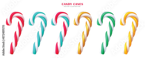 Christmas candy cane elements vector set design. Candy cane lollipop stick in colorful twisted, twirl and stripes element collection isolated in white background. Vector illustration 3d realistic 