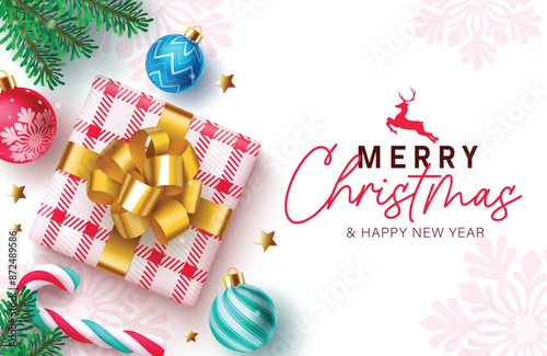 Christmas greetings vector card design. Merry christmas greetings in checkered gift box, colorful balls, candy cane, fir tree branches ang gold stars elements in winter snowflakes background. Vector 