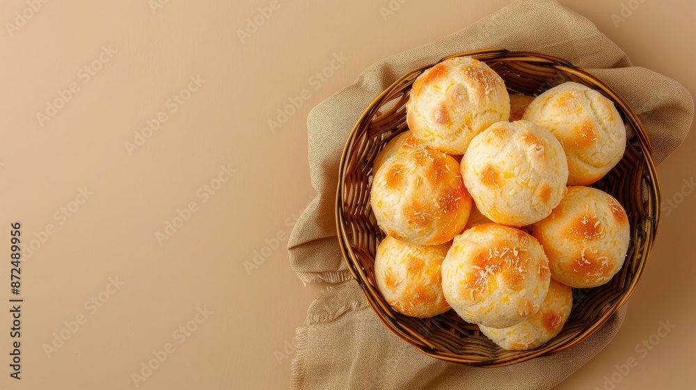 Brazilian cheese bread in a rustic basket, isolated aerial top view on beige background Brazilian cheese bread in a rustic basket, isolated aerial top view on beige background