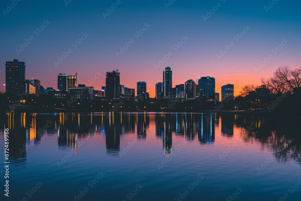 Fototapeta premium Austin Skyline Reflected in the Calm Waters at Dusk