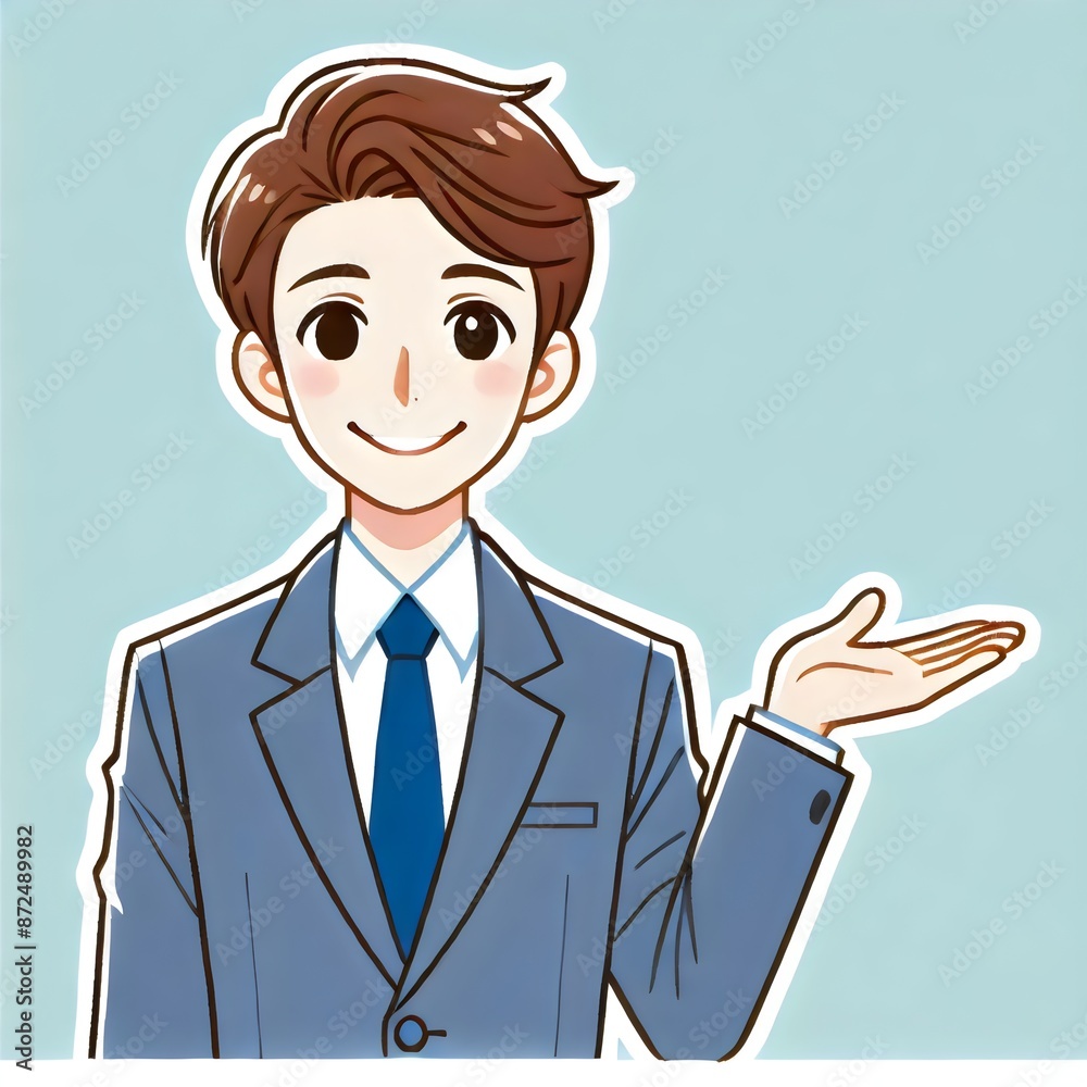 A charming and approachable illustration of a young businessman in a blue suit, confidently presenting with an open hand gesture