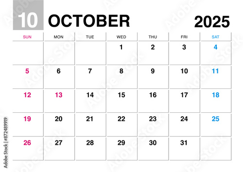 2025年10月のカレンダー日曜始まり