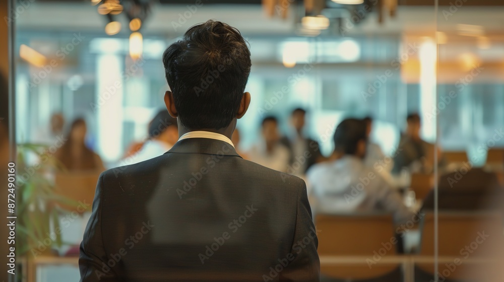 Fototapeta premium Business Presentation in Progress: executive Delivering Powerful Business Speech to Crowded Suited Audience in Office Setting