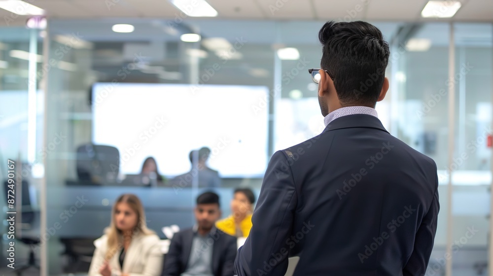 Business Presentation in Progress: executive Delivering Powerful Business Speech to Crowded Suited Audience in Office Setting Business Presentation in Progress: executive Delivering Powerful Business Speech to Crowded Suited Audience in Office Setting