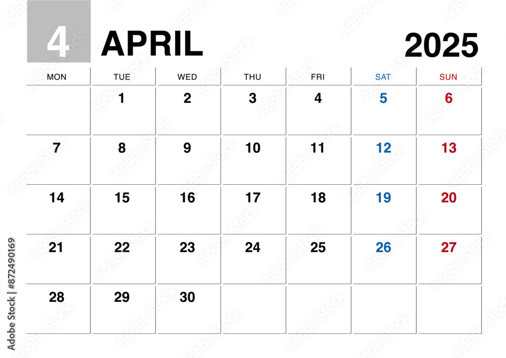 2025年4月のカレンダー月曜始まり日本の祝日表記無し
2025年4月のカレンダー月曜始まり日本の祝日表記無し