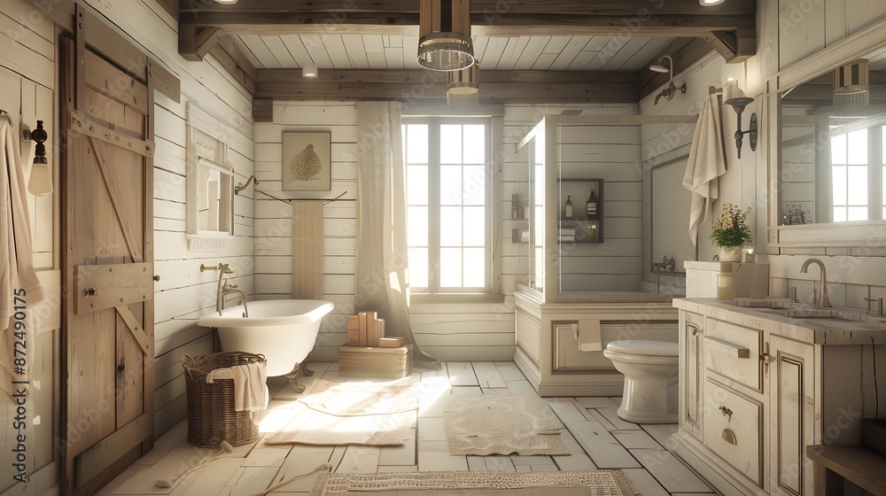 Farmhouse Bathroom: Description: Rustic and charming with a cozy, lived-in feel. Details: Incorporates elements like shiplap walls, barn doors, and farmhouse sinks. Often uses natural materials like w Farmhouse Bathroom: Description: Rustic and charming with a cozy, lived-in feel. Details: Incorporates elements like shiplap walls, barn doors, and farmhouse sinks. Often uses natural materials like w