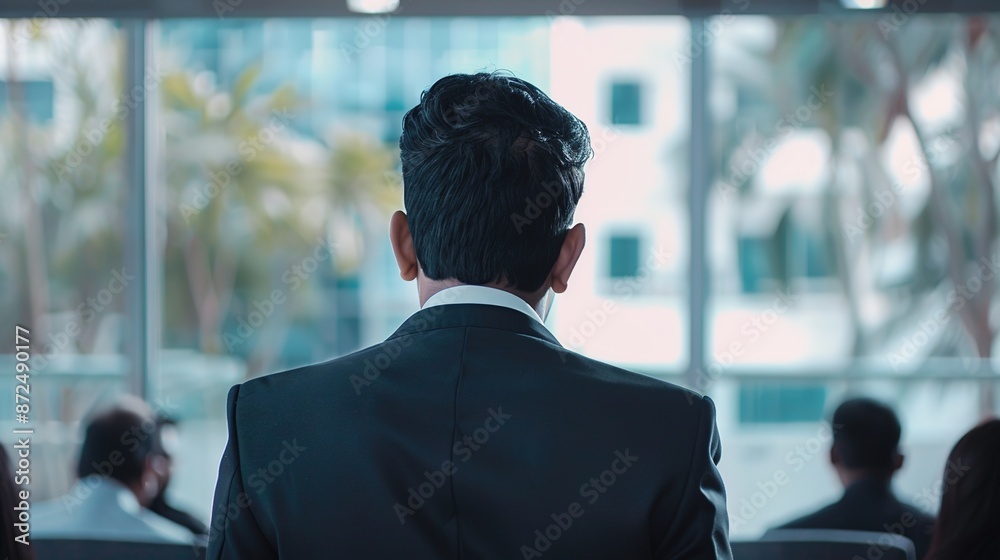 Business Presentation in Progress: executive Delivering Powerful Business Speech to Crowded Suited Audience in Office Setting