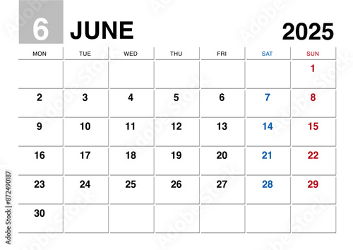 2025年6月のカレンダー月曜始まり日本の祝日表記無し
