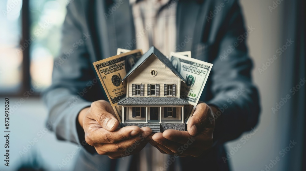 Businessman holding house model with dollar bills, real estate investment Businessman holding house model with dollar bills, real estate investment