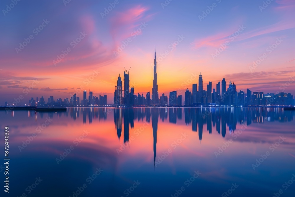 Fototapeta premium Dubai Skyline at Sunset with Reflection in the Water