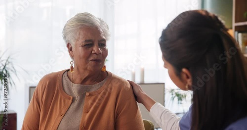 Wallpaper Mural Senior, happy woman and nurse with patient in elderly care, support or discussion at old age home. Female person or medical caregiver listening and talking to pensioner for health advice or trust Torontodigital.ca