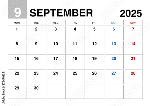 2025年9月のカレンダー月曜始まり日本の祝日表記無し
