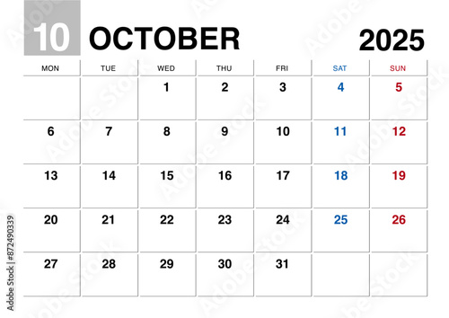 2025年10月のカレンダー月曜始まり日本の祝日表記無し
