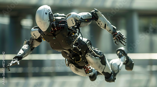 A robot is flying through the air in a stadium