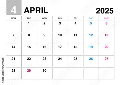 2025年4月のカレンダー月曜始まり