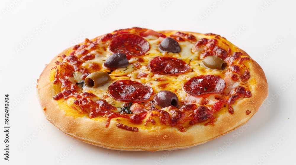 Close-up of a mini pizza with olives and pepperoni on a clean white background Close-up of a mini pizza with olives and pepperoni on a clean white background