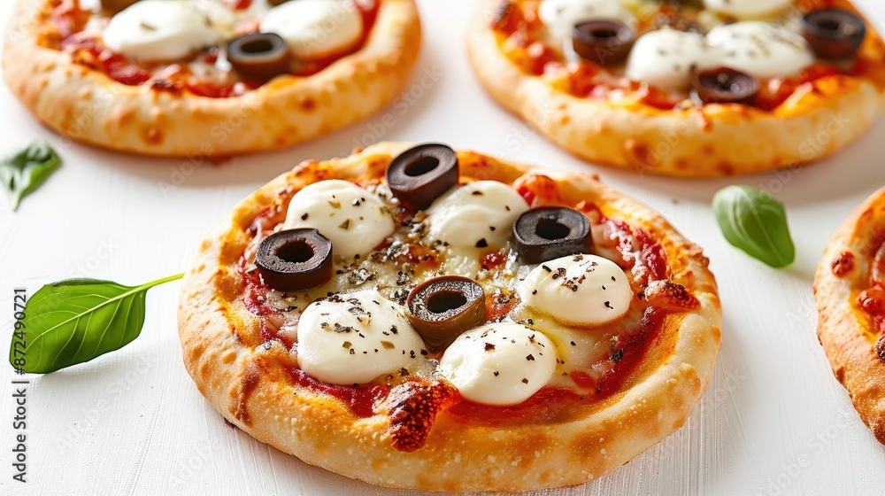 Close-up of mini pizza with mozzarella and olives on a clean white background