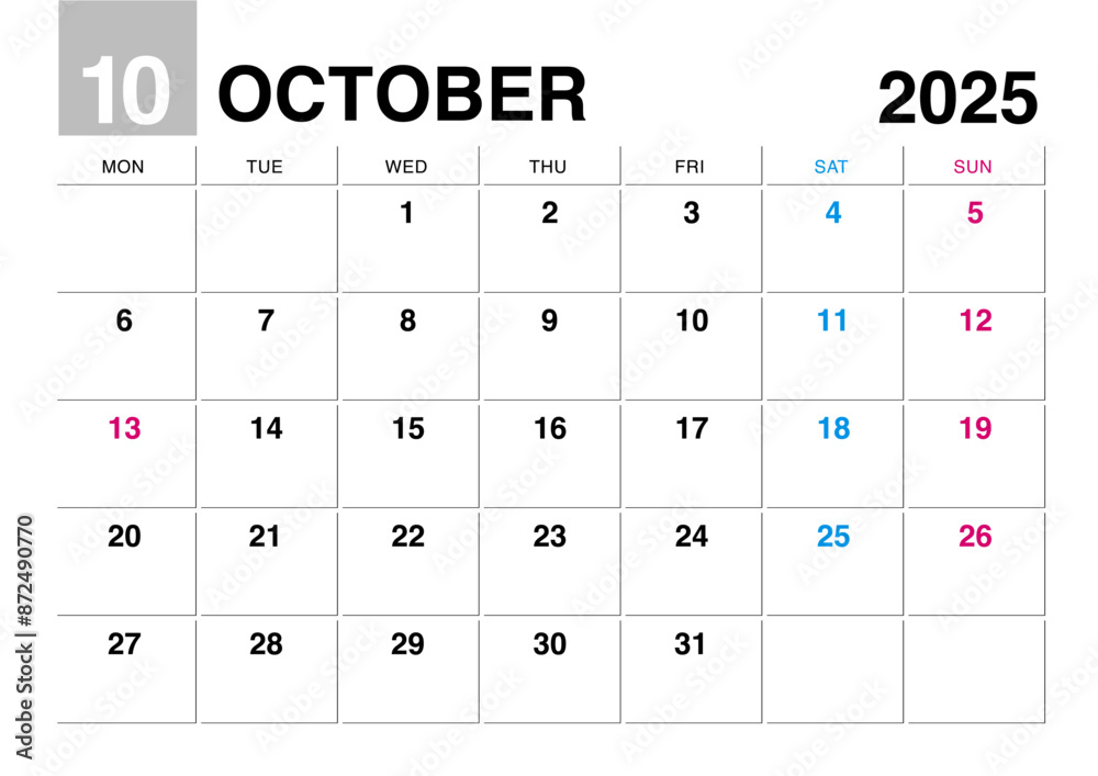 2025年10月のカレンダー月曜始まり 2025年10月のカレンダー月曜始まり