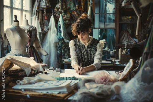 A female fashion designer is drawing wedding dress ideas in a bright studio, filled with light and creativity AIG58 photo