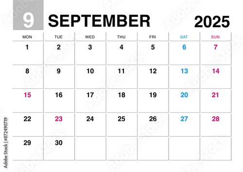 2025年9月のカレンダー月曜始まり