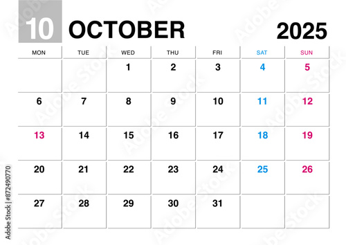 2025年10月のカレンダー月曜始まり