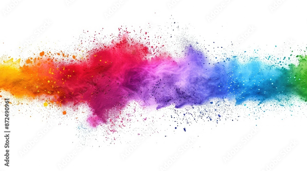 Colorful rainbow holi powder burst isolated on wide white background