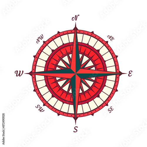 Vintage marine wind rose, nautical chart. Colorful navigational compass with cardinal directions of North, East, South, West. Geographical position, cartography and navigation. Vector illustration