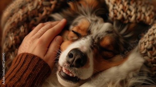 photo of dog being petted warm colors happy dog background