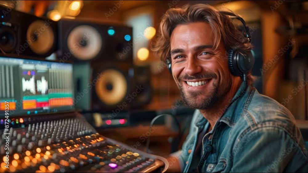This smiling music producer works in a recording studio. Podcast and streaming concept This smiling music producer works in a recording studio. Podcast and streaming concept