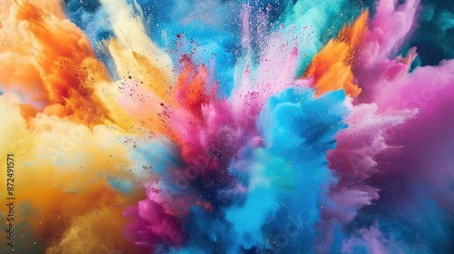 Explosion of holi festival colors in panoramic isolated shot