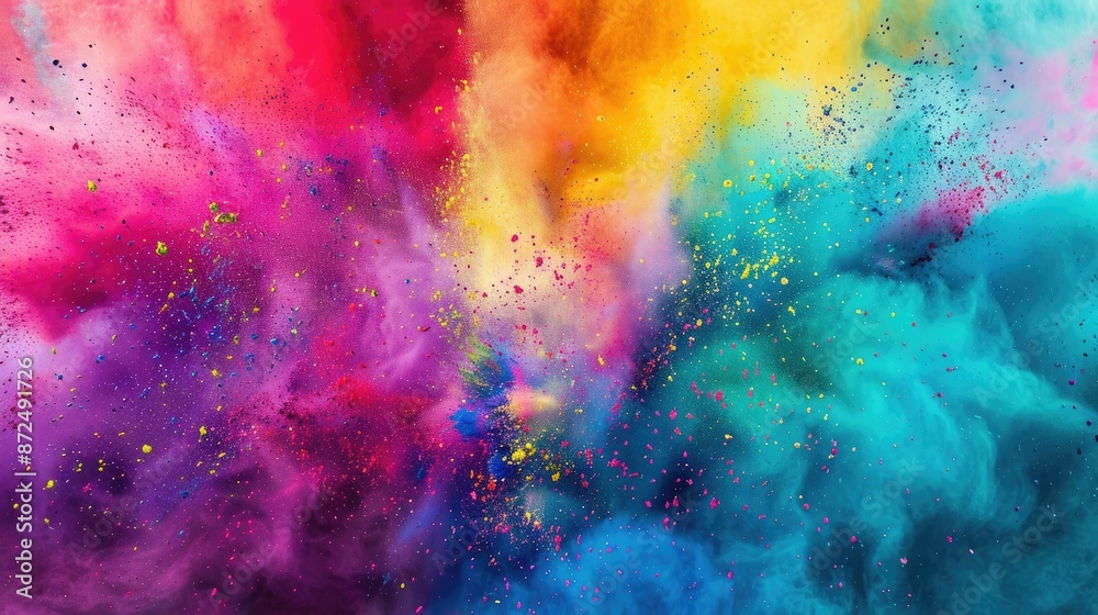 Obraz premium Explosion of vibrant rainbow holi colors in wide isolated panorama
