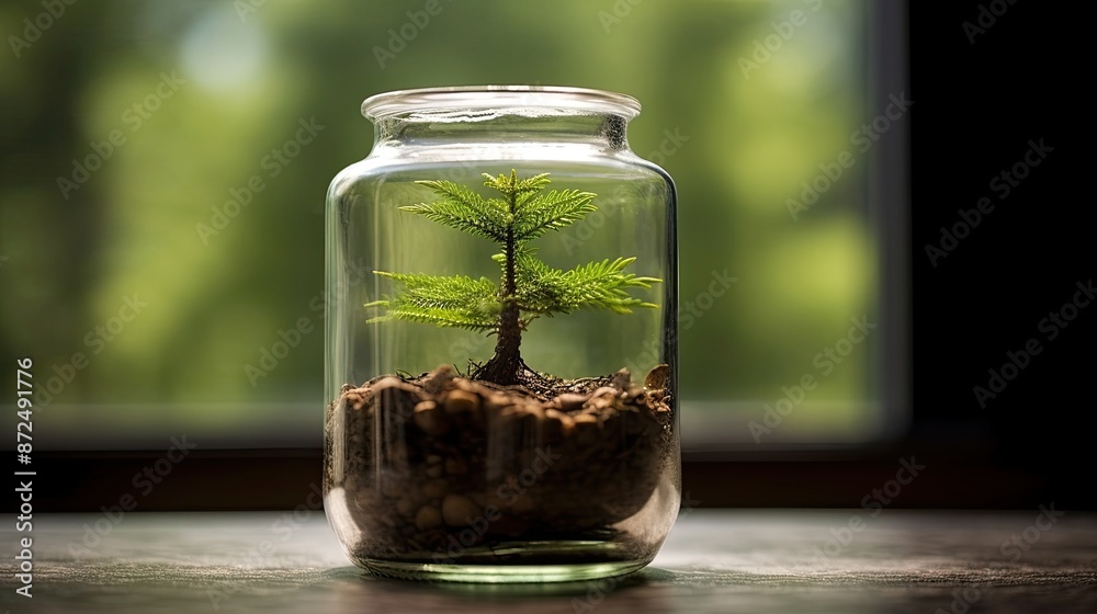 Small Bonsai Tree in Glass Jar with Soil and Pebbles on Wooden Table Against Blurred Green Background Small Bonsai Tree in Glass Jar with Soil and Pebbles on Wooden Table Against Blurred Green Background