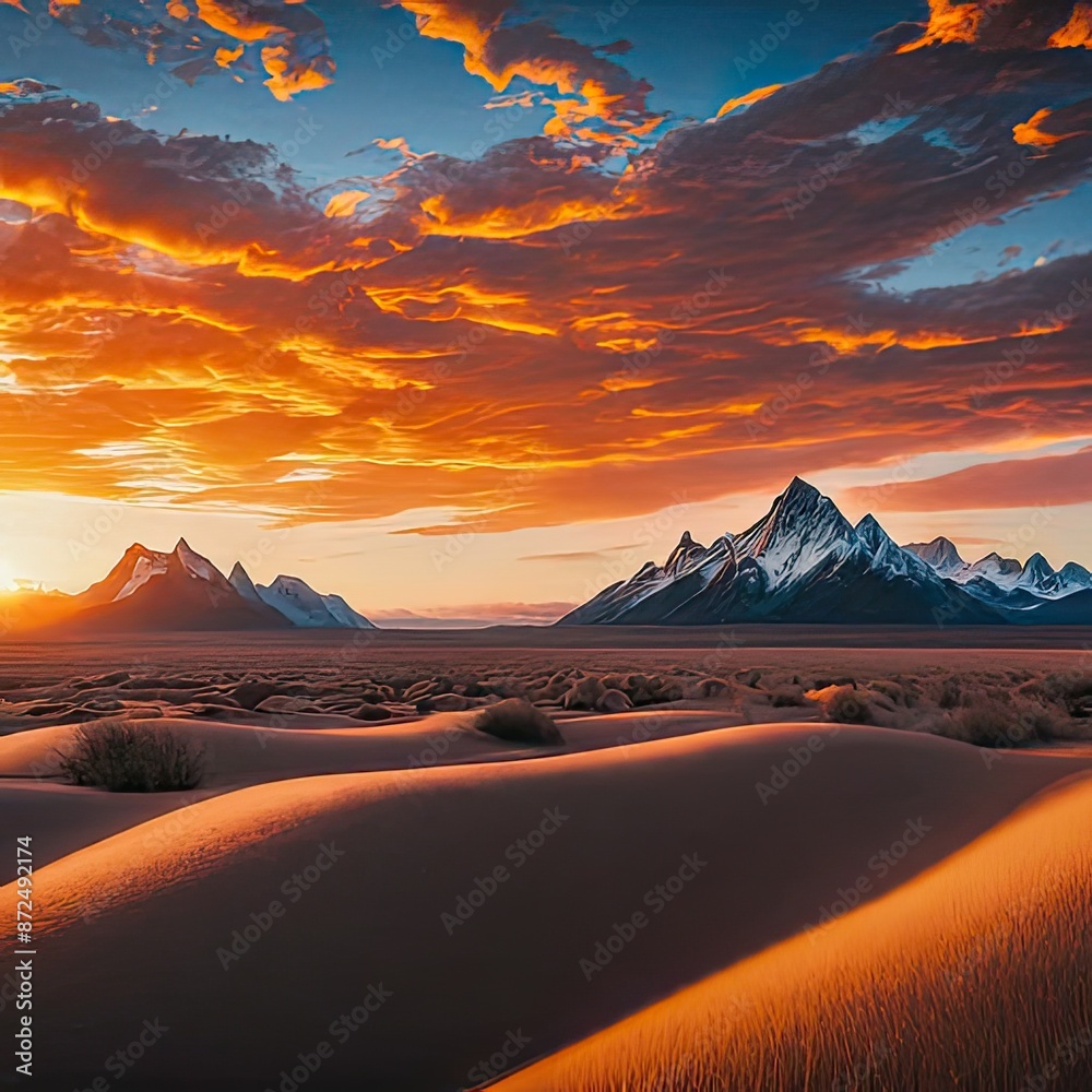 Naklejka premium Stunning Sunset Over Majestic Mountain Range with Dramatic Sky and Sand Dunes in the Foreground