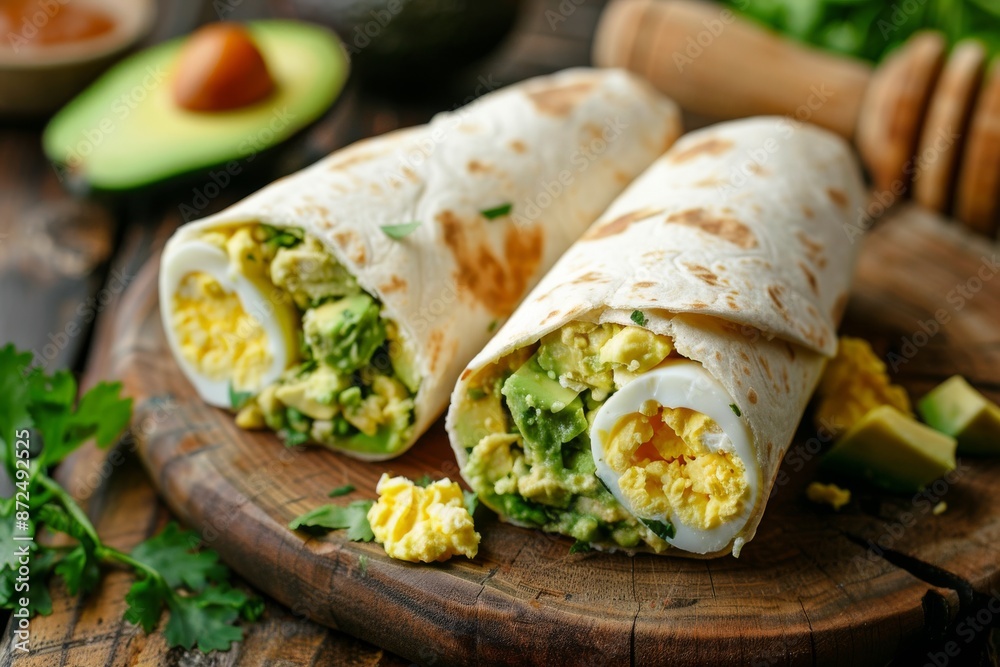 Avocado, Egg, and Parsley Wraps on Rustic Wooden Board Avocado, Egg, and Parsley Wraps on Rustic Wooden Board