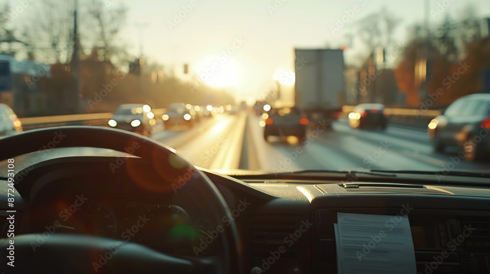 View from inside a car driving on a busy highway during sunrise. Vehicles are visible ahead with a warm, glowing sun in the background. View from inside a car driving on a busy highway during sunrise. Vehicles are visible ahead with a warm, glowing sun in the background.