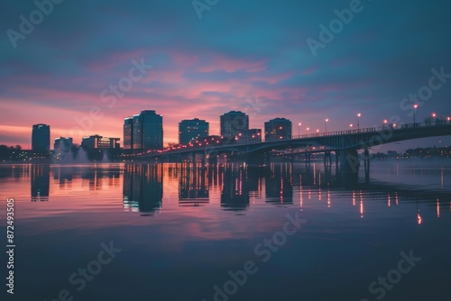 Cityscape at Dusk with a Bridge and Reflected Lights