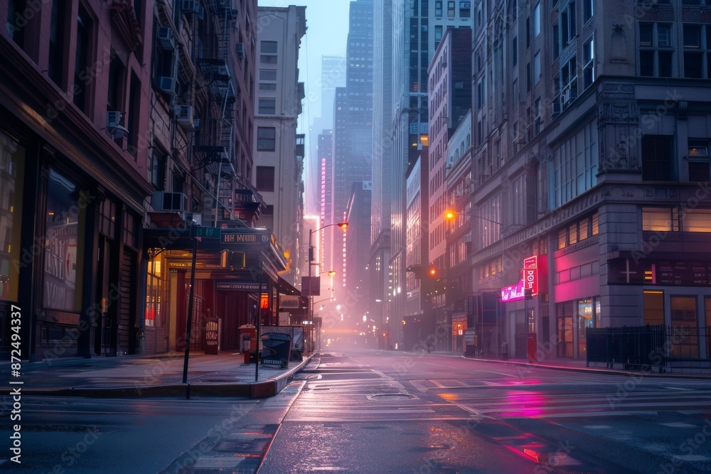 Empty City Street at Dawn with Fog and Neon Lights Empty City Street at Dawn with Fog and Neon Lights
