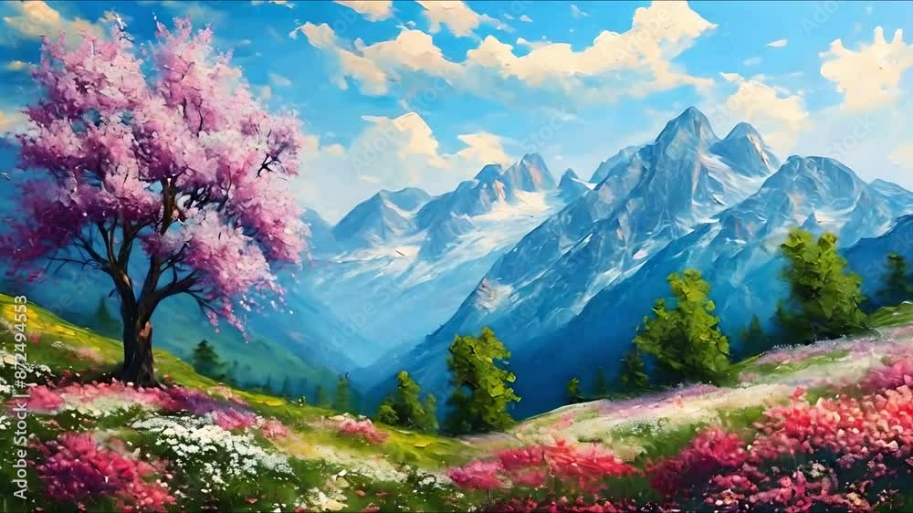 Beautiful idyllic view, oil painting of trees covered with flowers with mountains in the background Beautiful idyllic view, oil painting of trees covered with flowers with mountains in the background