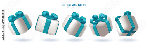 Christmas gift box vector set design. Gift box elements in white box and blue ribbon for christmas holiday season ornaments in white isolated background. Vector illustration 3d gifts collection design