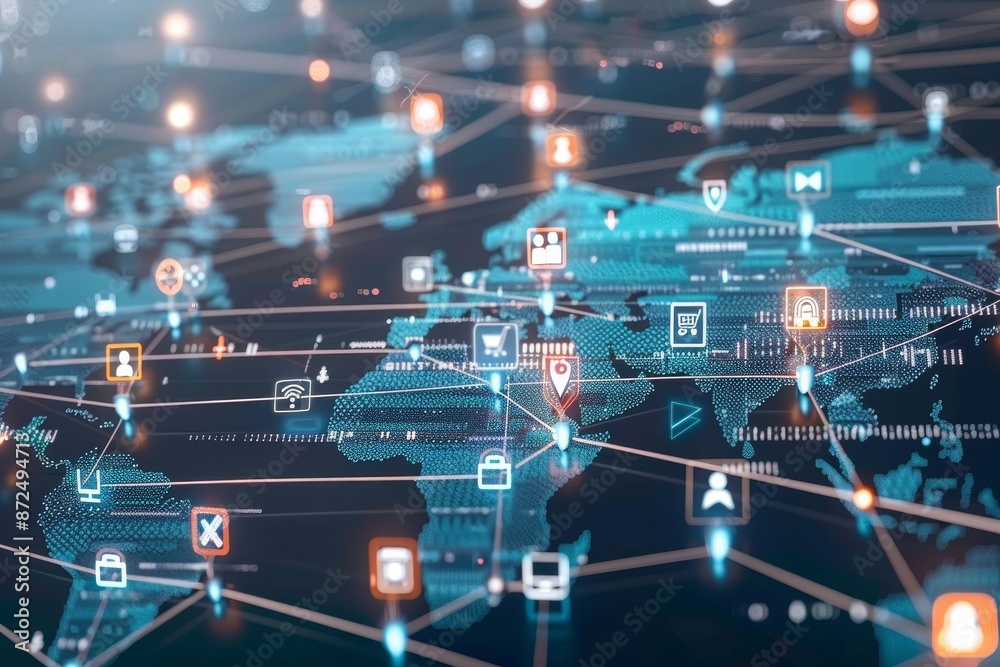 A global map with interconnected digital icons, symbolizing the international reach and connectivity of e-commerce businesses A global map with interconnected digital icons, symbolizing the international reach and connectivity of e-commerce businesses