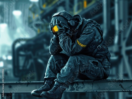 A person in futuristic combat gear, sitting and holding their head in despair, inside an industrial facility, representing stress or exhaustion. © Tonton54