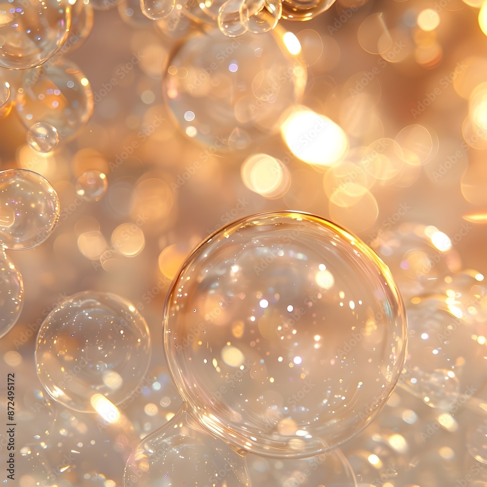 Close up Iridescent Soap Bubbles Illuminated with Ethereal Golden Glow on Hazy Abstract Background Close up Iridescent Soap Bubbles Illuminated with Ethereal Golden Glow on Hazy Abstract Background