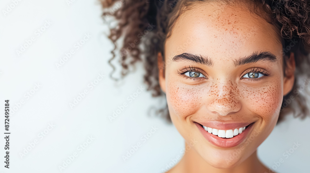Close-up of a smiling woman's face against a pure white background, radiating positivity and happiness Close-up of a smiling woman's face against a pure white background, radiating positivity and happiness