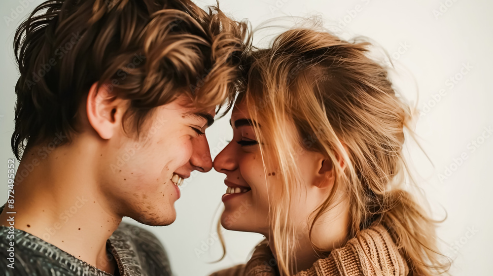 Frontal view of a happy couple's faces touching together against a plain white background, showcasing love and connection Frontal view of a happy couple's faces touching together against a plain white background, showcasing love and connection