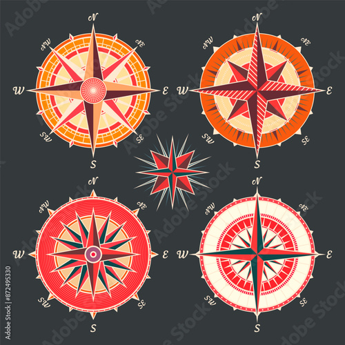 Vintage marine wind rose, nautical chart. Colorful navigational compass with cardinal directions of North, East, South, West. Geographical position, cartography and navigation. Vector illustration