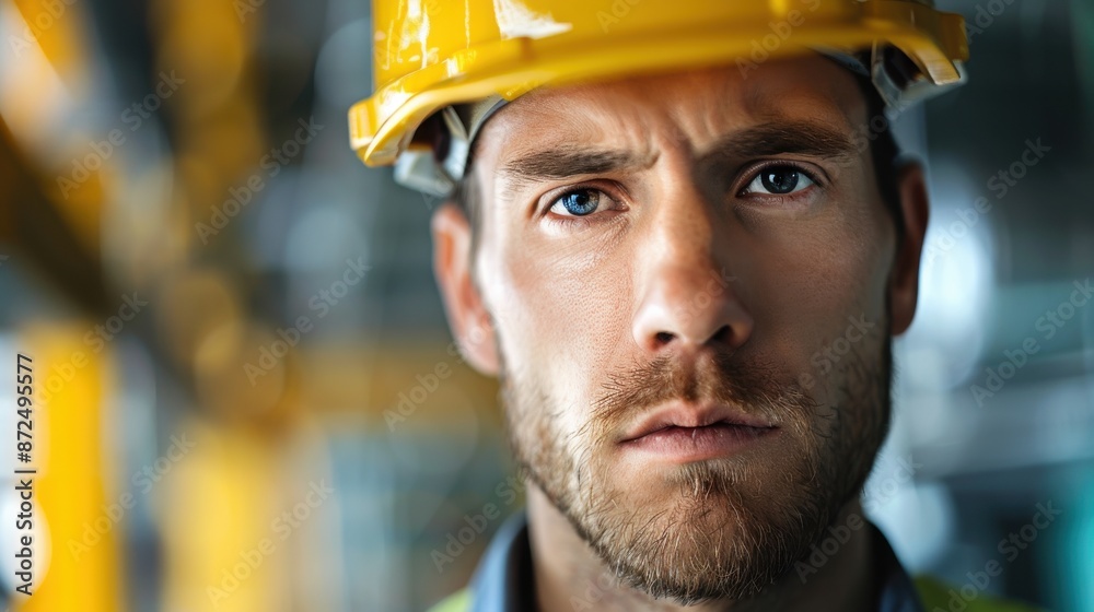 Close-up of a focused construction worker wearing a yellow hard hat in an industrial setting with blurred background. Close-up of a focused construction worker wearing a yellow hard hat in an industrial setting with blurred background.