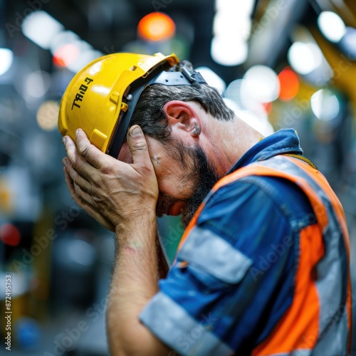 Tired factory worker in hard hat and safety vest taking a break with hands on face in industrial setting, conveying fatigue and stress.