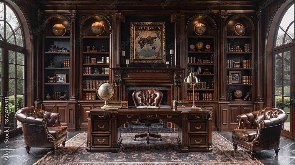 Fototapeta premium Luxurious home office with leather chairs, wooden desk, globes, and bookshelves.