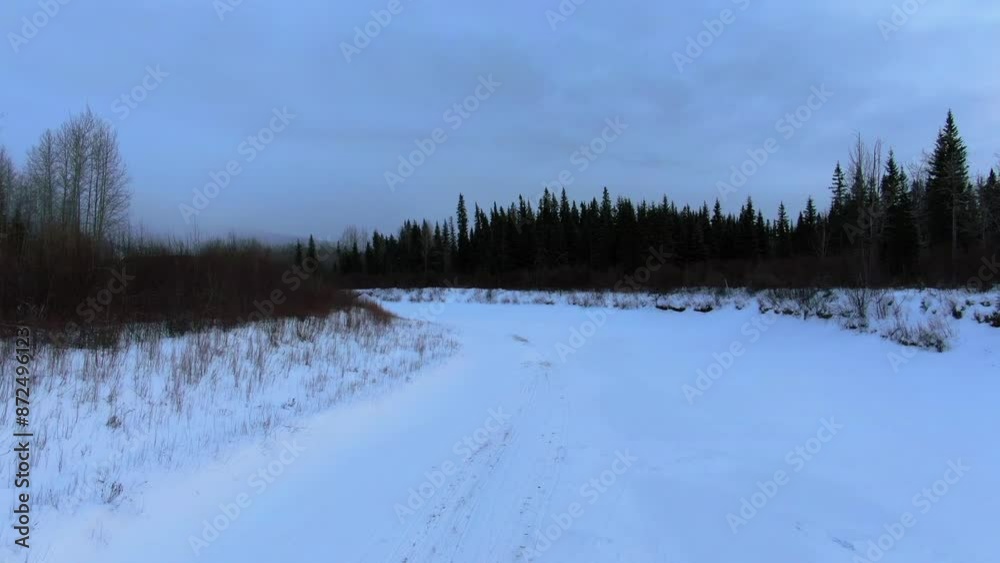 Aerial: Scenic Shot Of Tranquil Forest By Mountains, Drone Flying Forward Over Snowy Landscape Under Clouds - Calico Bluff, Alaska Aerial: Scenic Shot Of Tranquil Forest By Mountains, Drone Flying Forward Over Snowy Landscape Under Clouds - Calico Bluff, Alaska