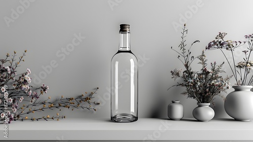 33. A minimalist image with a white background featuring a single 3D grappa bottle, positioned in the center